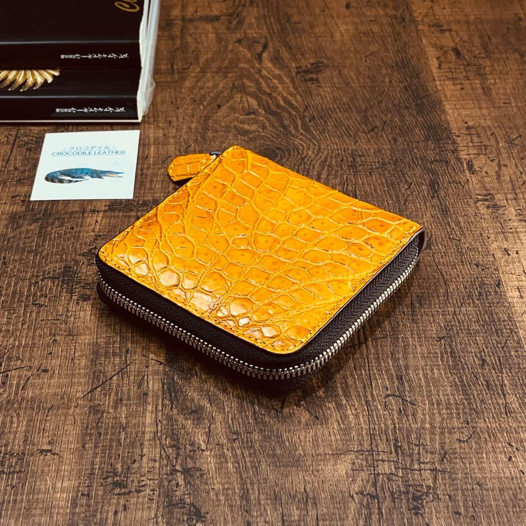 実物撮影 一枚革 二つ折り財布 クロコダイル メンズ ラウンドファスナー 新品