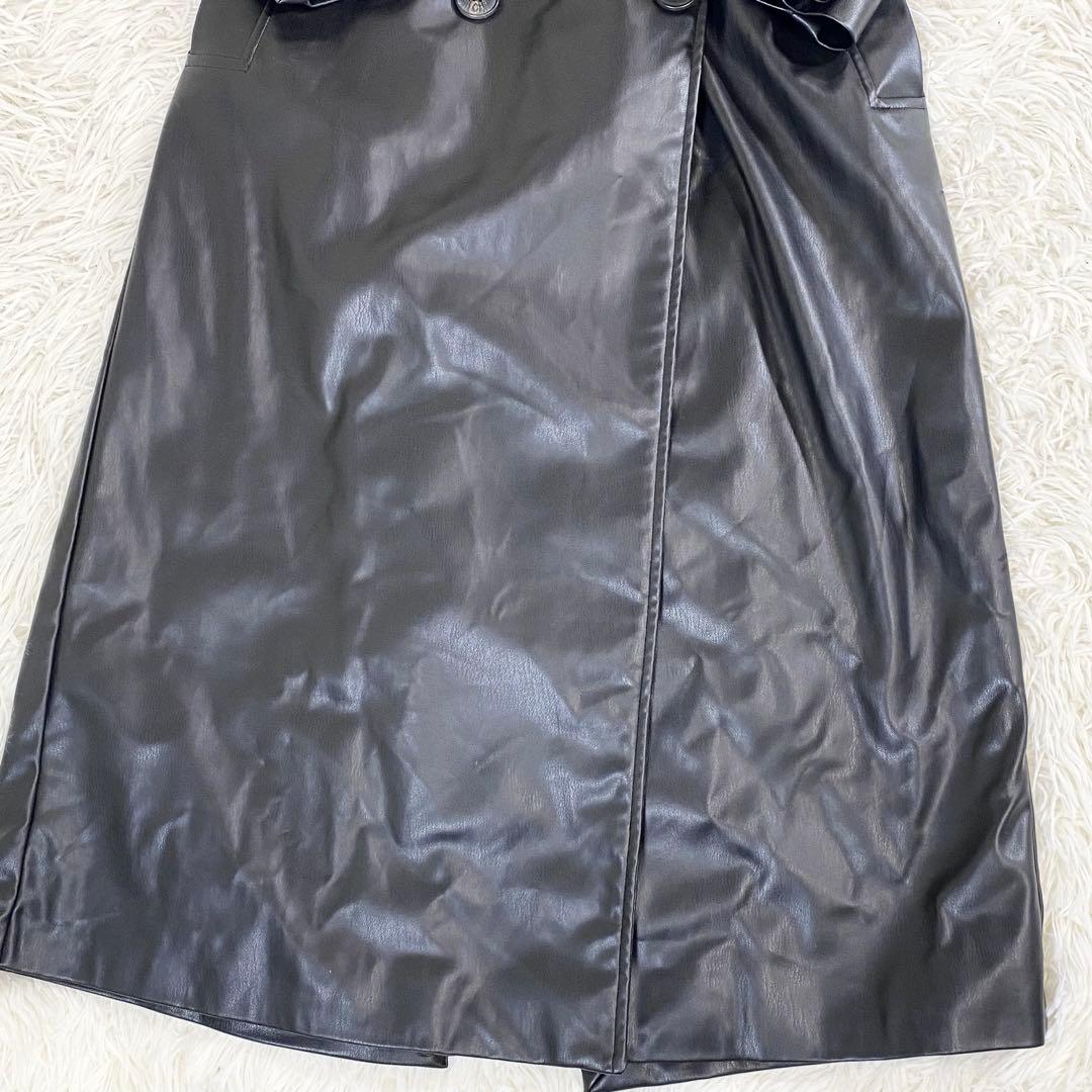 美品　ZARA フェイクレザー　マキシ丈ロングコート　ベルト　黒　トレンチ
