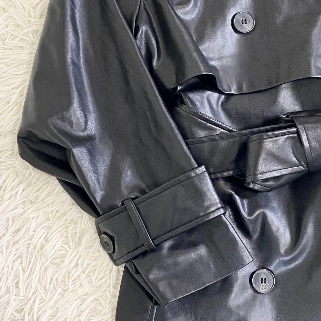 美品　ZARA フェイクレザー　マキシ丈ロングコート　ベルト　黒　トレンチ
