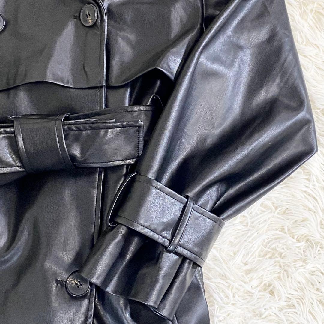 美品　ZARA フェイクレザー　マキシ丈ロングコート　ベルト　黒　トレンチ