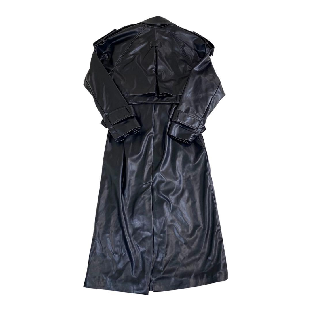 美品　ZARA フェイクレザー　マキシ丈ロングコート　ベルト　黒　トレンチ