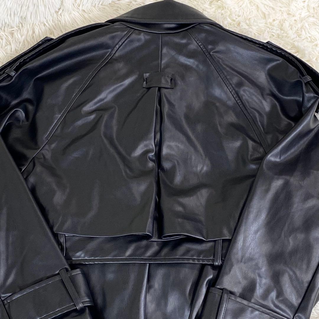 美品　ZARA フェイクレザー　マキシ丈ロングコート　ベルト　黒　トレンチ