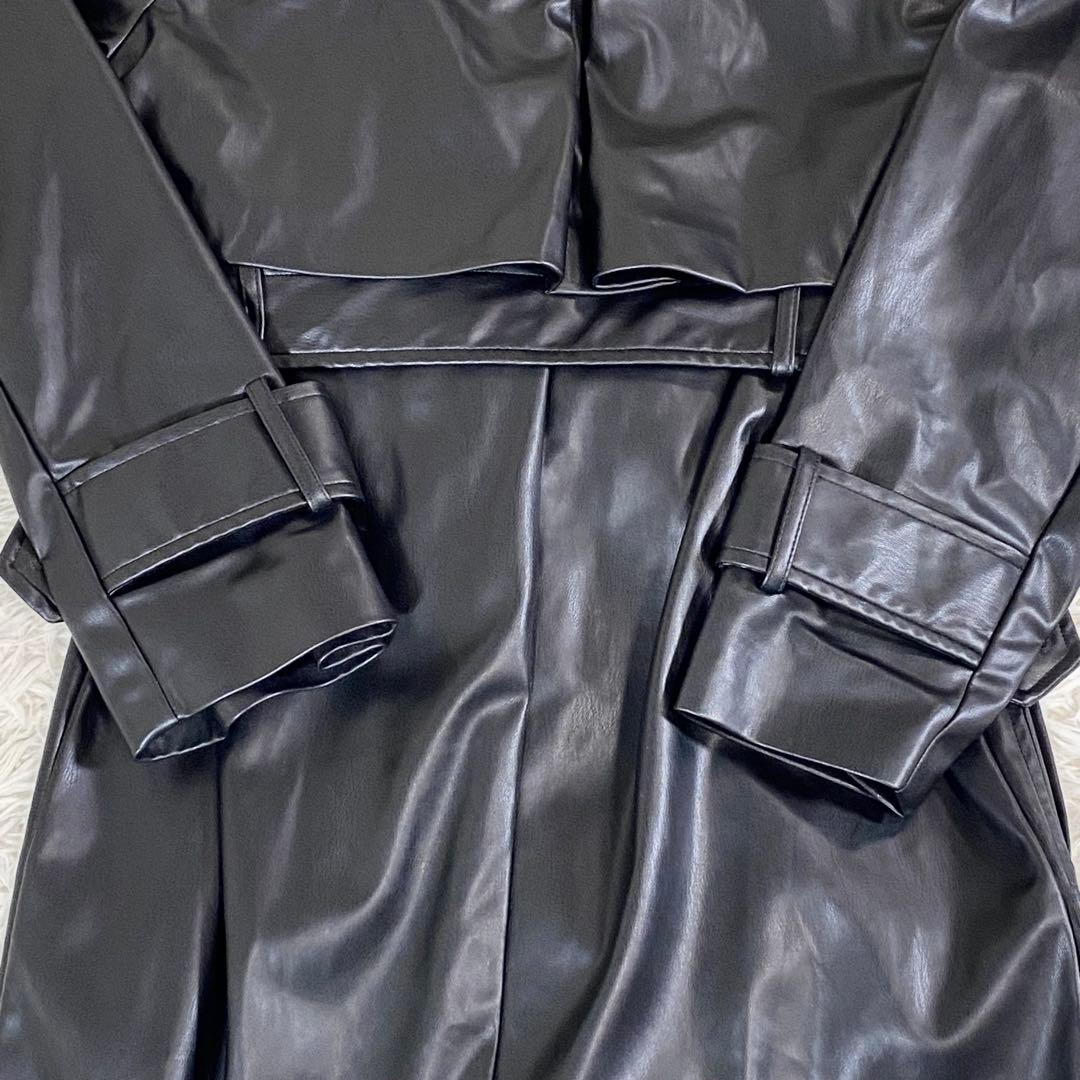 美品　ZARA フェイクレザー　マキシ丈ロングコート　ベルト　黒　トレンチ