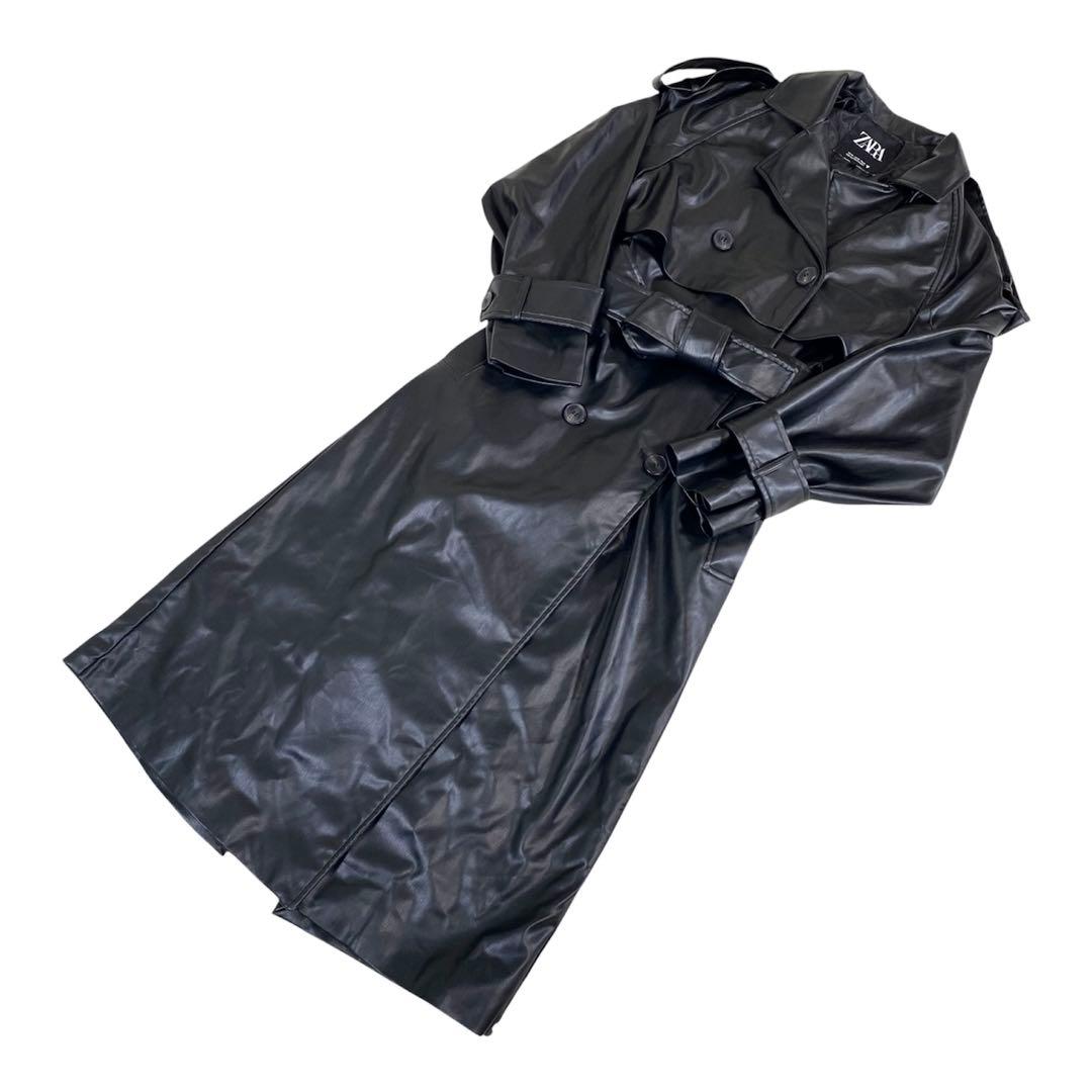 美品　ZARA フェイクレザー　マキシ丈ロングコート　ベルト　黒　トレンチ