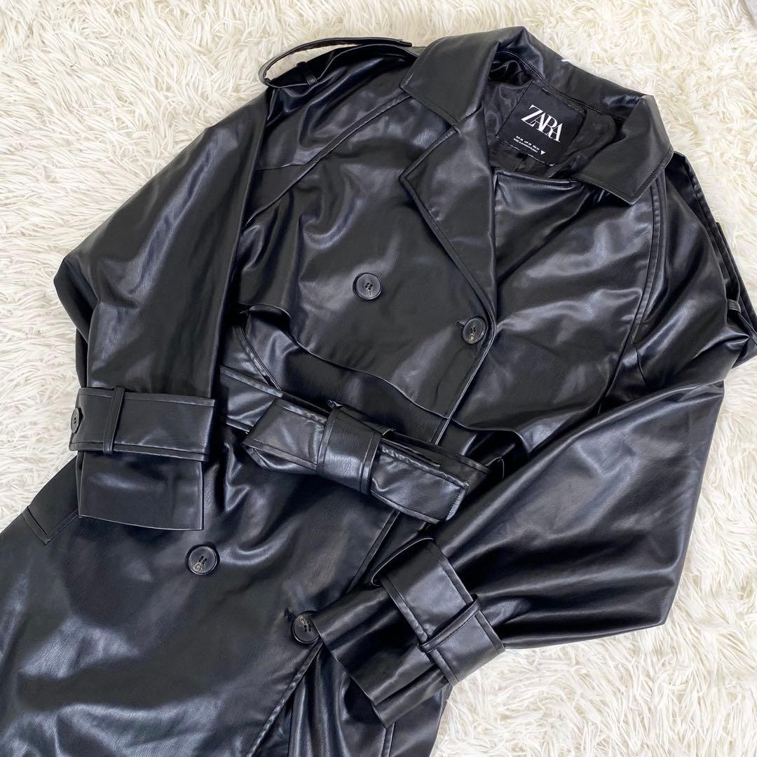 美品　ZARA フェイクレザー　マキシ丈ロングコート　ベルト　黒　トレンチ