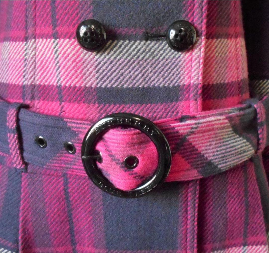 バーバリー ブルーレーベル　チェック　ピンク　ウールコート　ベルト付