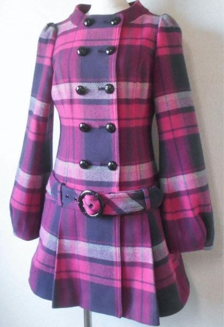 バーバリー ブルーレーベル　チェック　ピンク　ウールコート　ベルト付