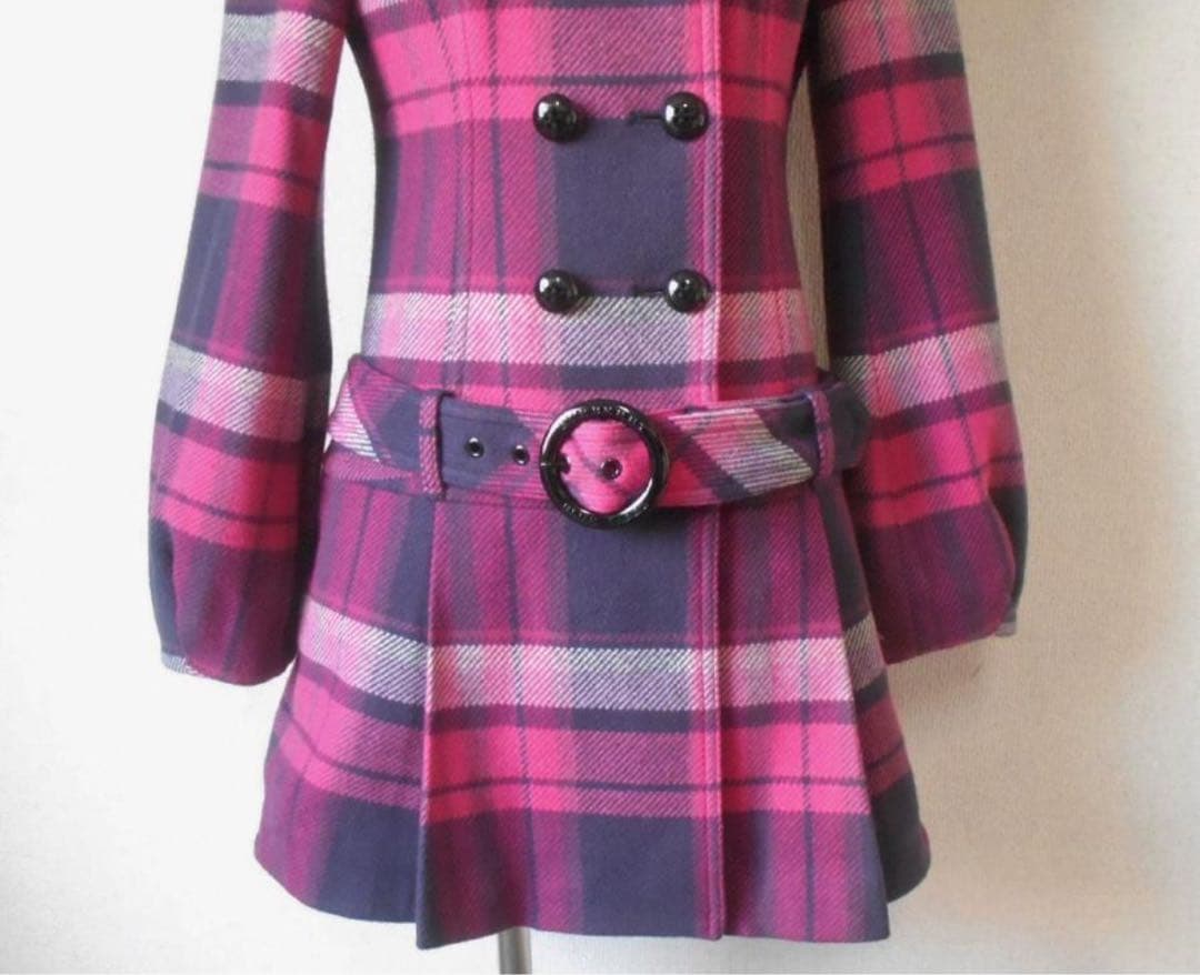 バーバリー ブルーレーベル　チェック　ピンク　ウールコート　ベルト付