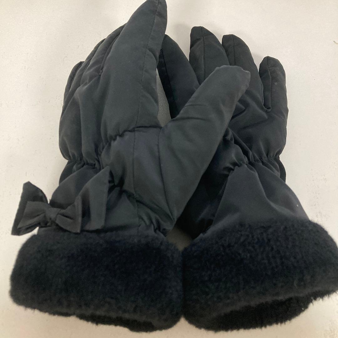 リボン付き黒手袋 冬用