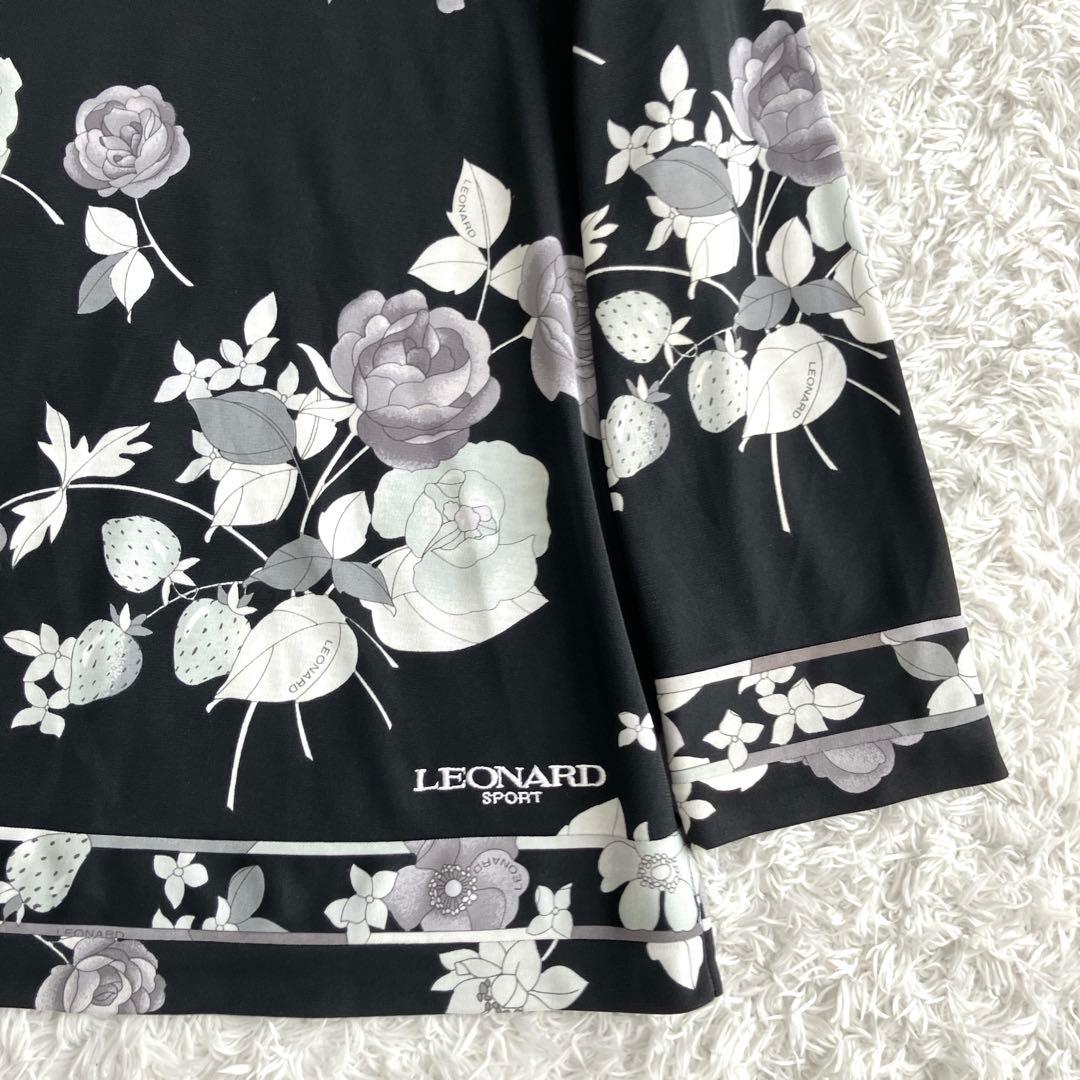 レオナール✨カットソー トップス 手洗い可能 トリム ストレッチ 花 黒 40