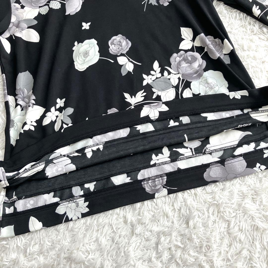 レオナール✨カットソー トップス 手洗い可能 トリム ストレッチ 花 黒 40