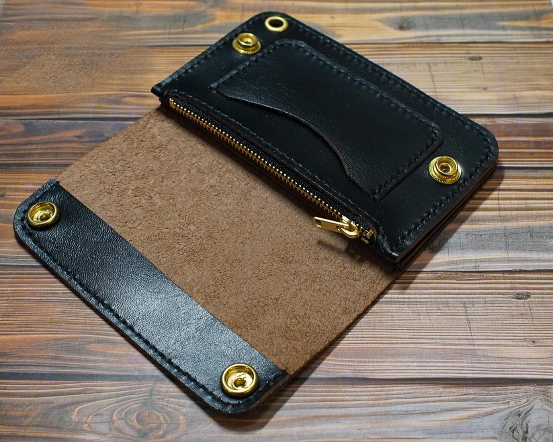 ミドルトラッカーウォレット　三層　馬革 茶芯ブラック　真鍮 トラッカーウォレット