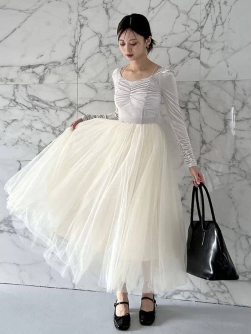 ホワイトチュールドレス 長袖 ギャザー入り Chacott snidel コラボ