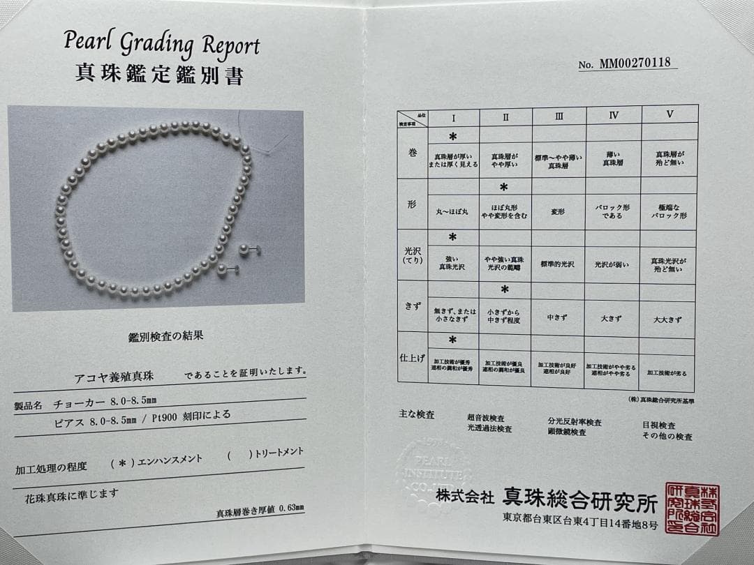 アコヤ真珠 花珠 真珠総合研究所鑑別書 約8-8.5 ネックレス ピアス