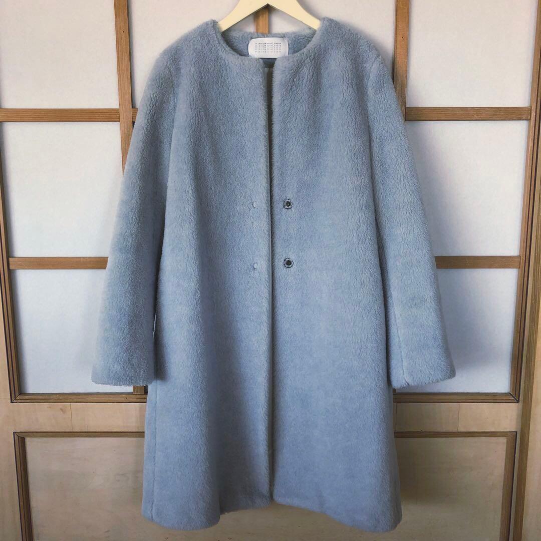 美品　ハリスワーフロンドン　レディース　ノーカラー　コート　アウター　水色　L
