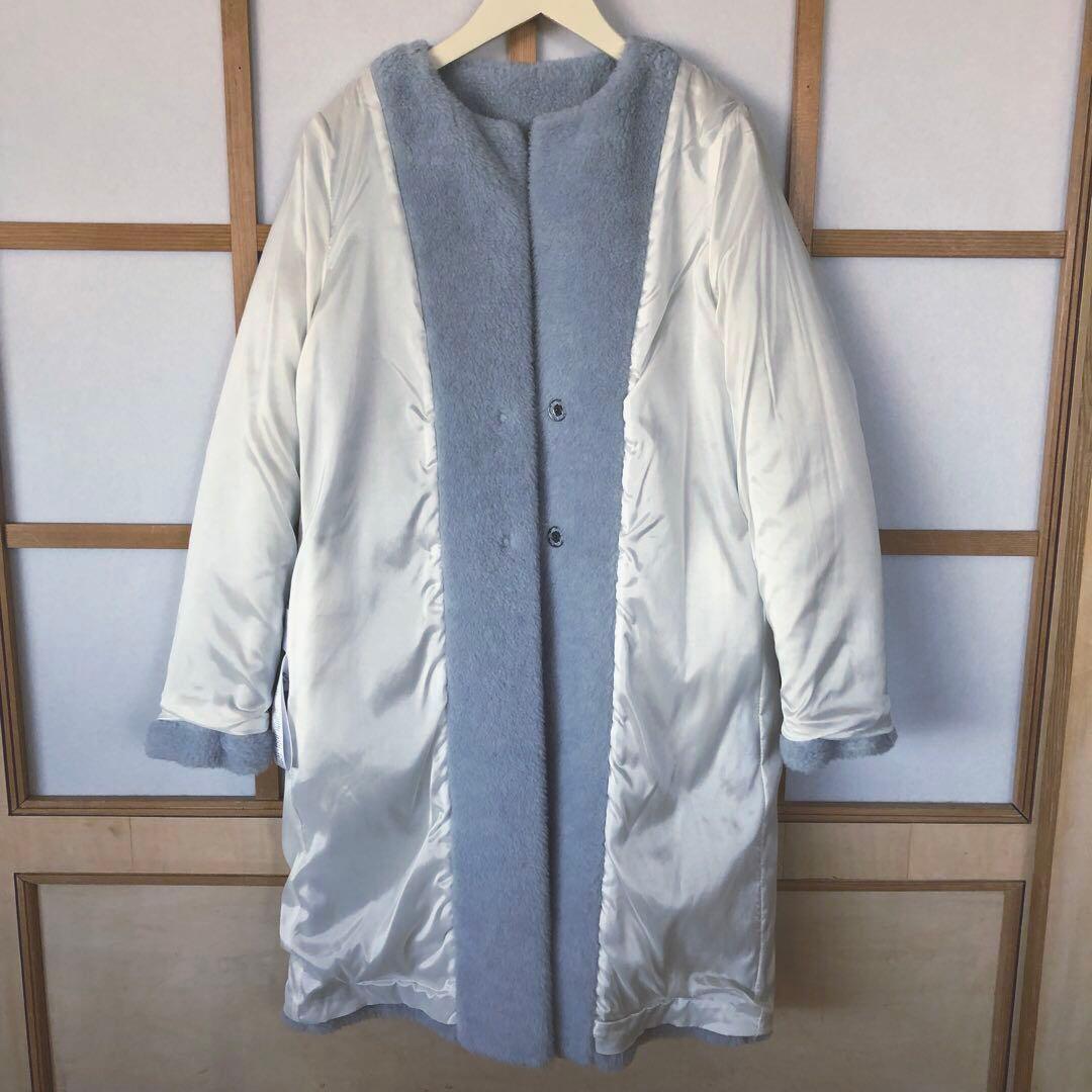 美品　ハリスワーフロンドン　レディース　ノーカラー　コート　アウター　水色　L
