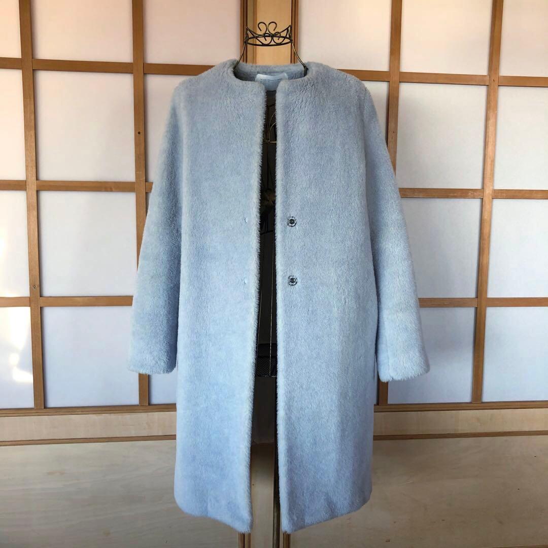 美品　ハリスワーフロンドン　レディース　ノーカラー　コート　アウター　水色　L