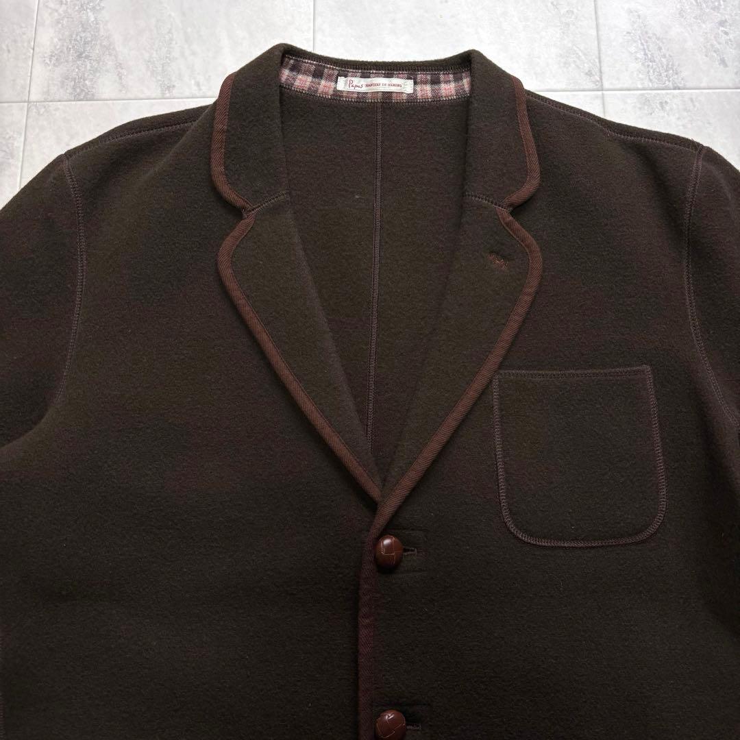 【美品】パパス 縮絨ウール テーラードジャケット パイピング 刺繍ロゴ クルミ釦