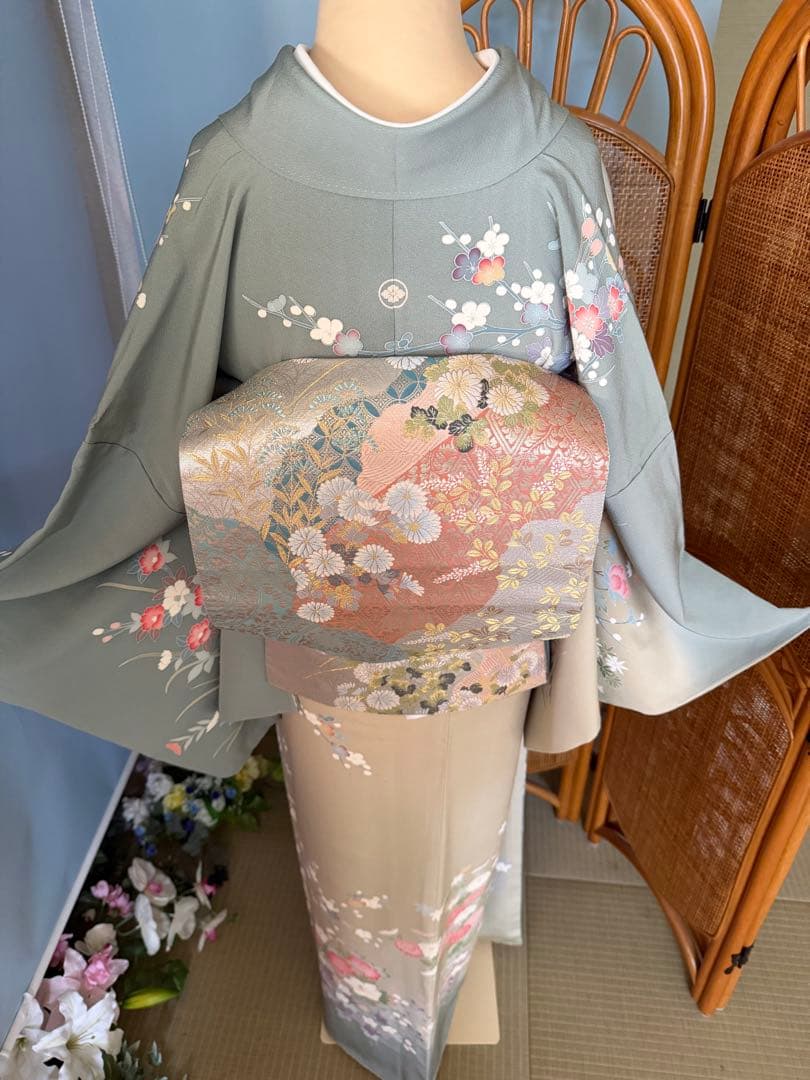 訪問着フルセット、落款入り　四季の花、染め分け　友禅　作家物