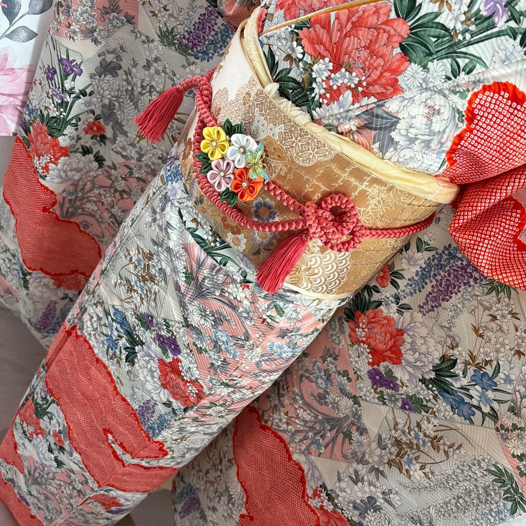未使用に近い　正絹振袖フルセット　華やかな花柄　新品袋帯　オレンジ　成人式に