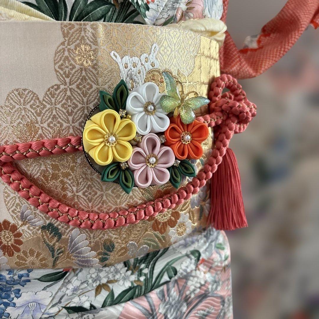 未使用に近い　正絹振袖フルセット　華やかな花柄　新品袋帯　オレンジ　成人式に