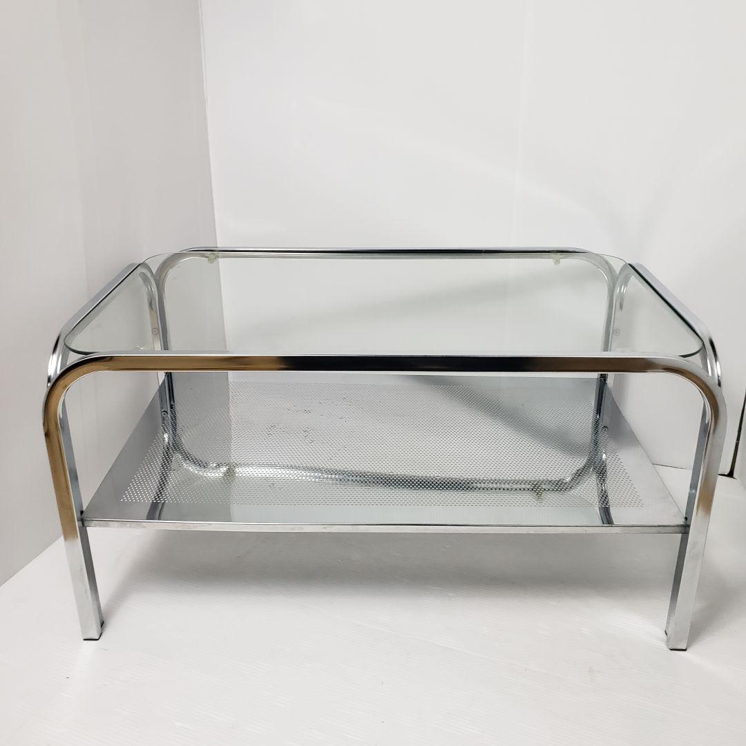 レトロ　ガラステーブル　センターテーブル　シルバー　アイアンフレーム