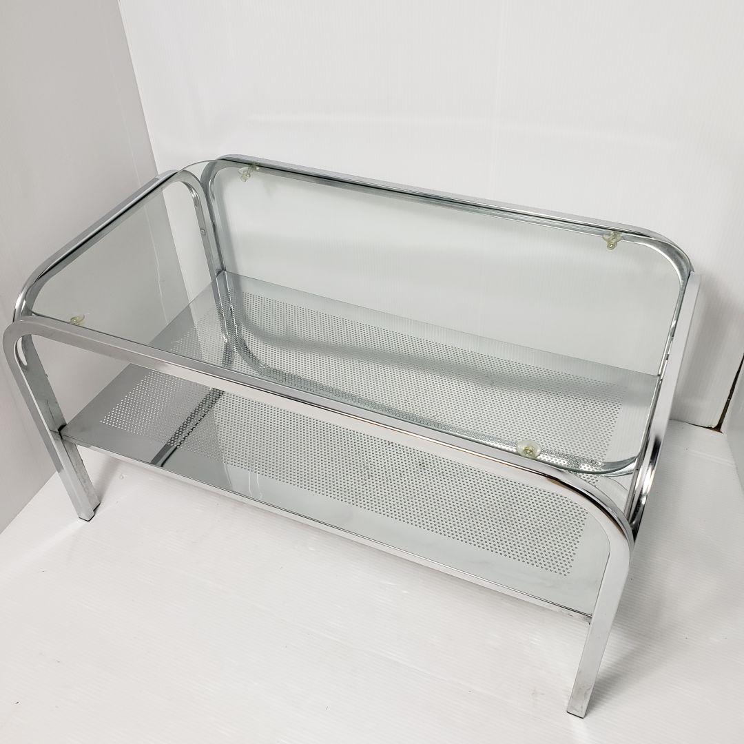 レトロ　ガラステーブル　センターテーブル　シルバー　アイアンフレーム