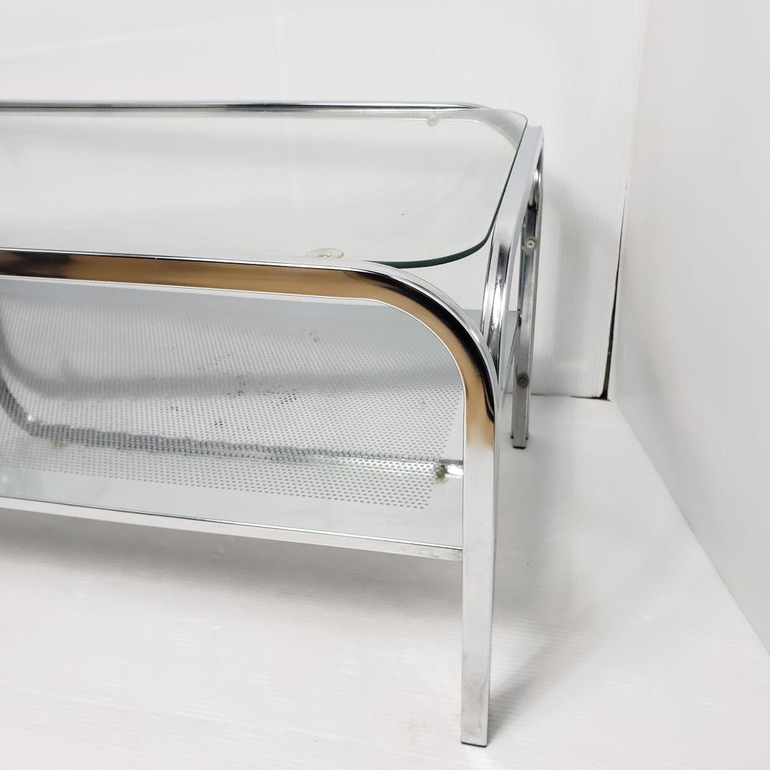 レトロ　ガラステーブル　センターテーブル　シルバー　アイアンフレーム