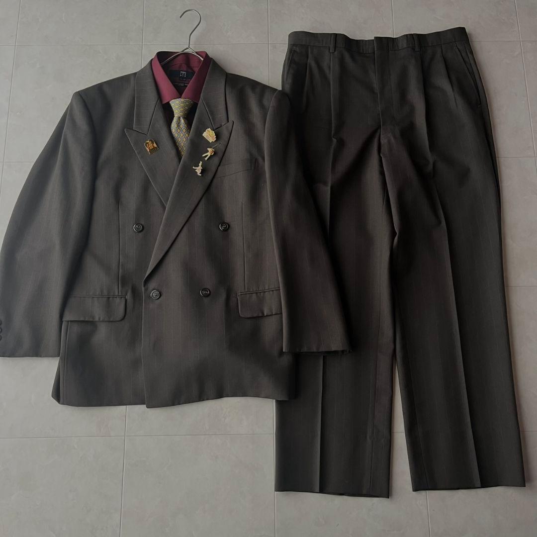 90s ダブルスーツ YSLネクタイ シャツ ピンズ 豪華5点セット