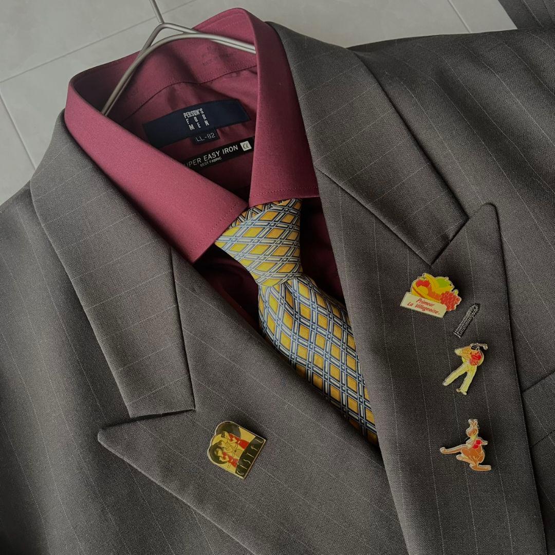 90s ダブルスーツ YSLネクタイ シャツ ピンズ 豪華5点セット