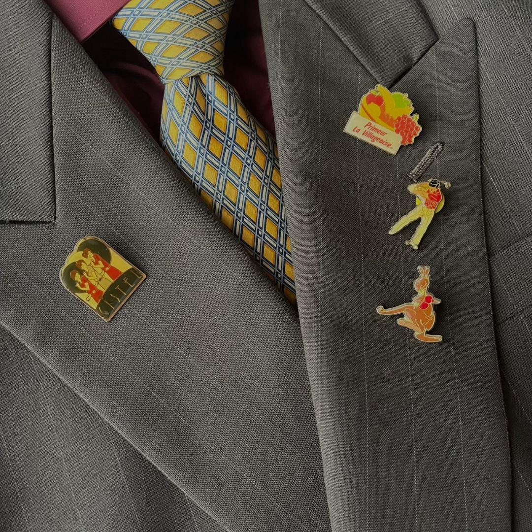 90s ダブルスーツ YSLネクタイ シャツ ピンズ 豪華5点セット