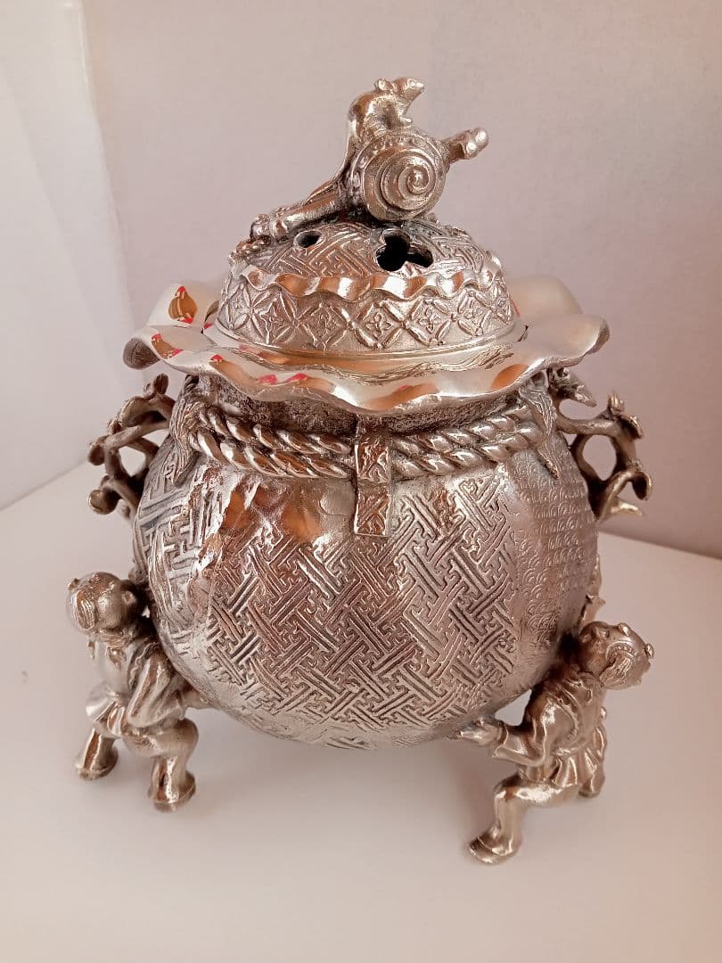香炉　二上常太郎　元威　茶袋型香炉　洋銀　伝統工芸