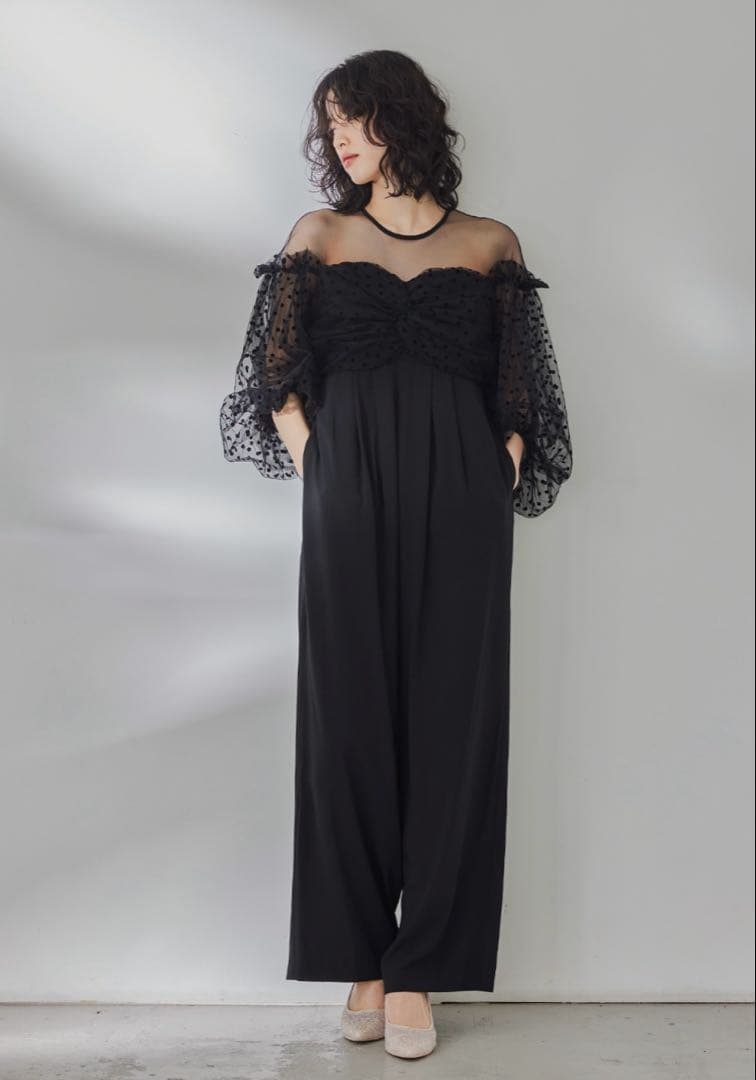 フロッキードットパンツドレス オールインワン