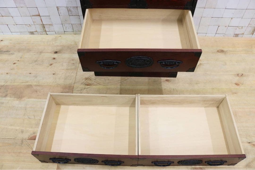 GMFK770○民芸家具 欅材 整理箪笥 時代箪笥 4段チェスト 鉄金具 和家具