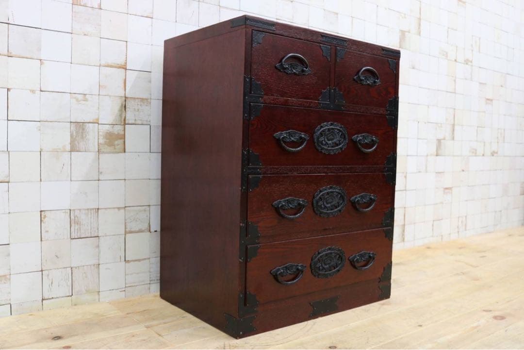 GMFK770○民芸家具 欅材 整理箪笥 時代箪笥 4段チェスト 鉄金具 和家具