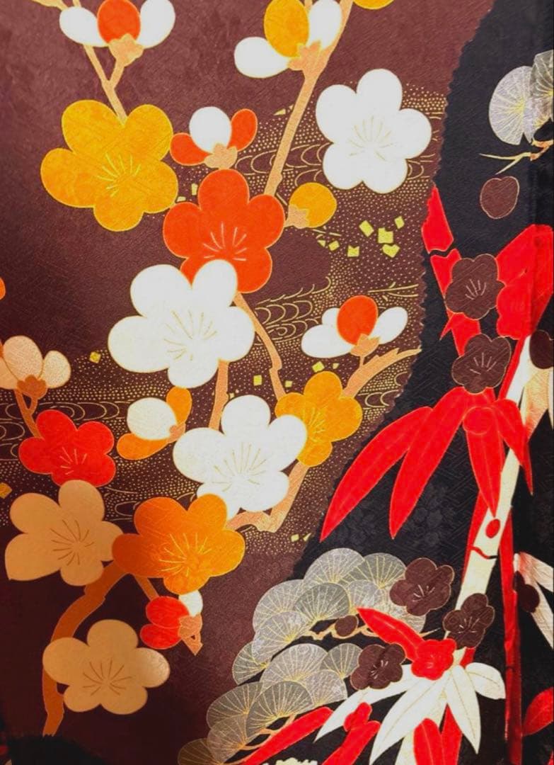 黒✕赤 松竹梅 四季の花々 振袖 身丈162