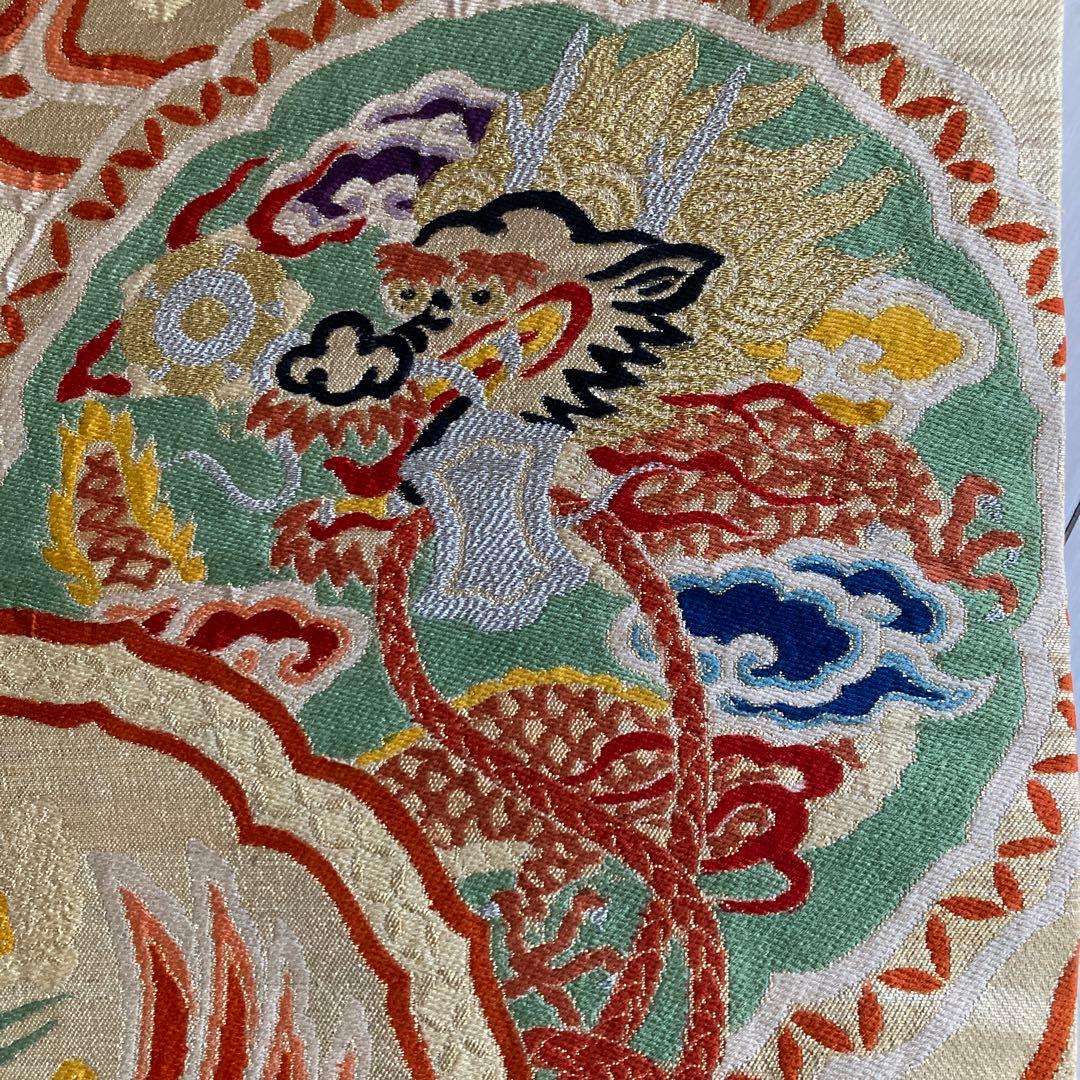 アンティーク丸帯　龍・鶴・唐獅子　織り出し　大正ロマン　正絹　No.77-100