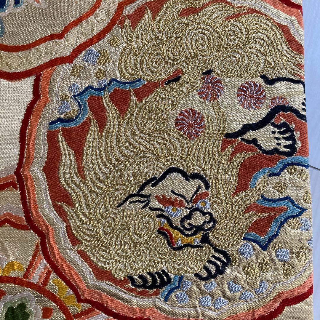 アンティーク丸帯　龍・鶴・唐獅子　織り出し　大正ロマン　正絹　No.77-100