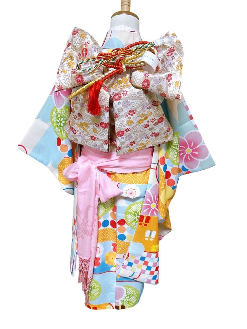 美品!!水色×ピンク♡七五三　7歳　女の子　フルセット一式　パール付帯締め
