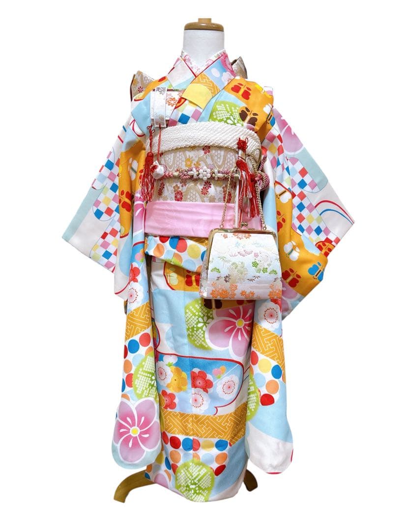 美品!!水色×ピンク♡七五三　7歳　女の子　フルセット一式　パール付帯締め