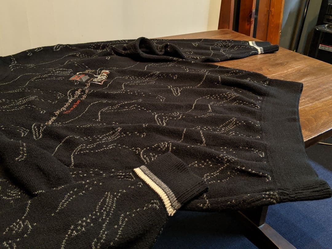 アダバット　クルーネック　毛　ウール　ニット　セーター　ゴルフ　総柄　ウェア　黒