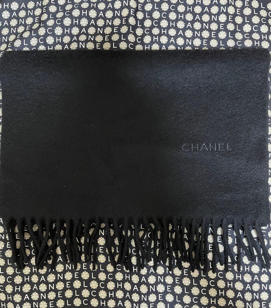 CHANEL ロゴカシミアマフラー　無地　黒ブラック