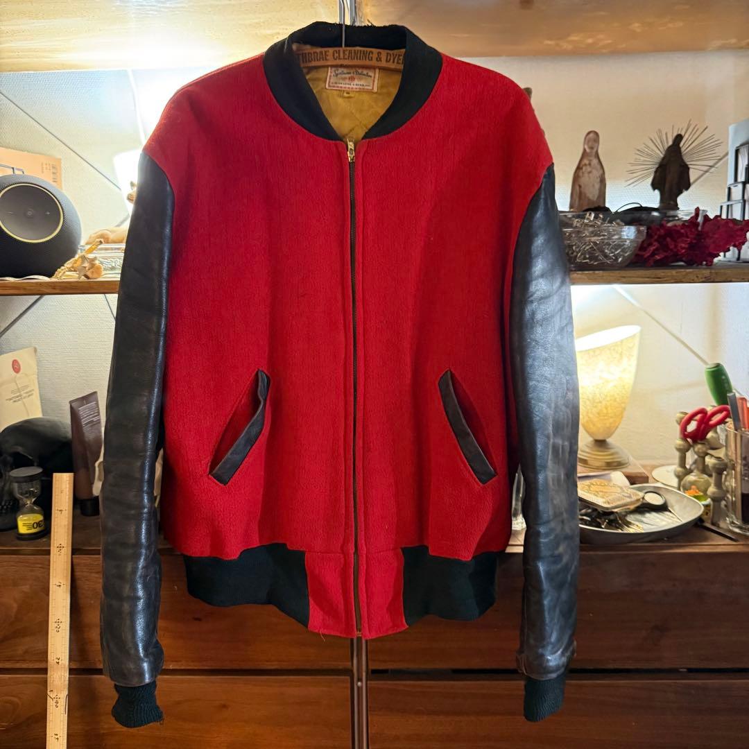 1950年代 ヴィンテージバーシティジャケット　赤黒 レザー袖 CROWN