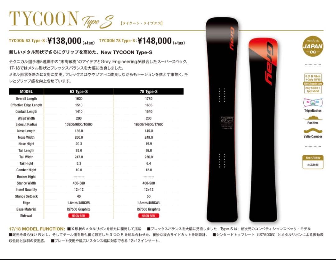 GRAY TYCOON typeS 163㎝ 17-18モデル