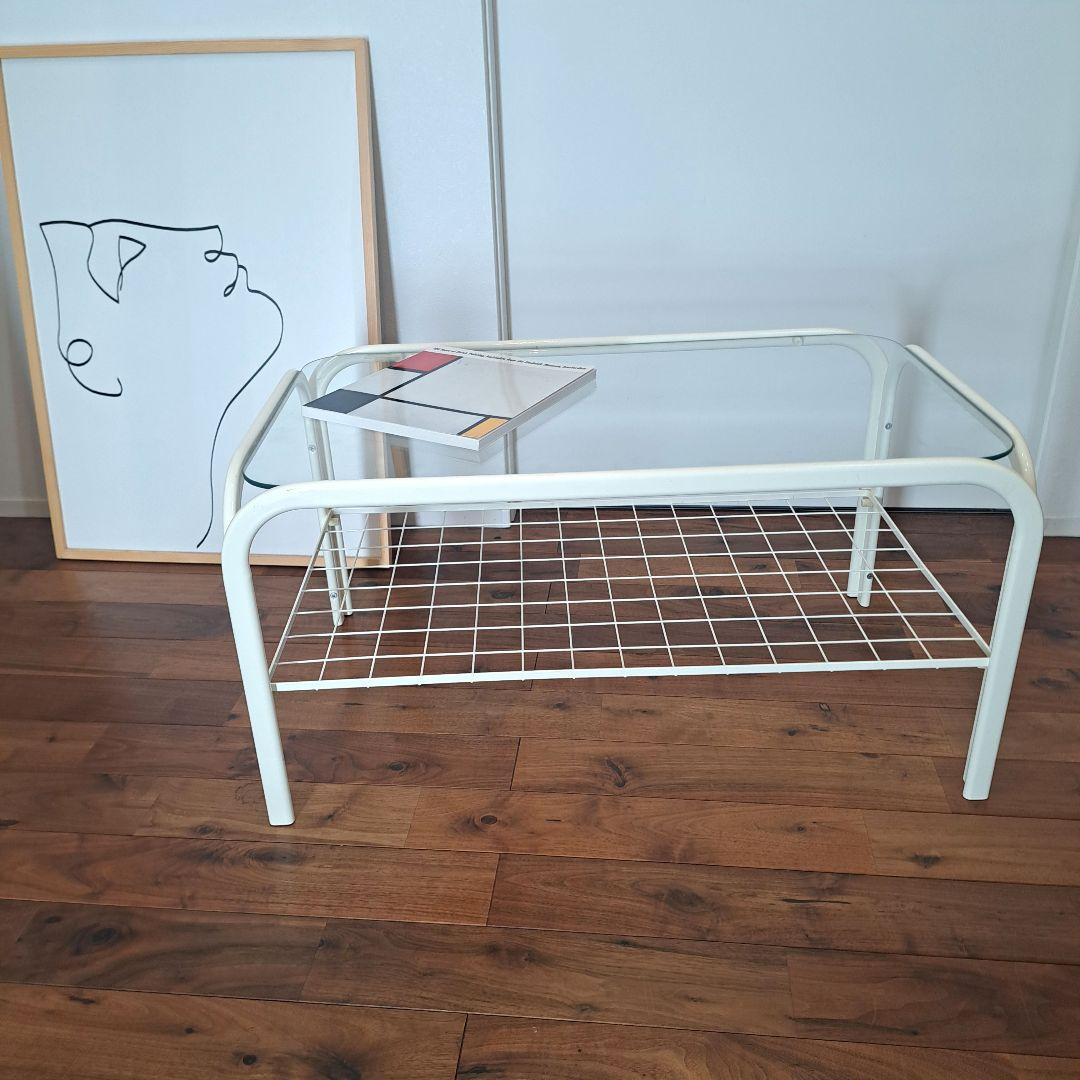 80年　アイアンフレーム ガラステーブル 白クリーム ミッドセンチュリー