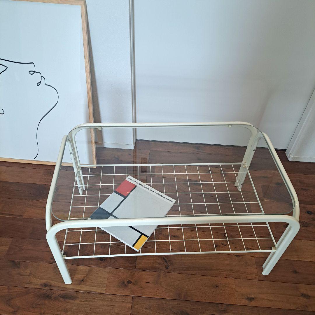 80年　アイアンフレーム ガラステーブル 白クリーム ミッドセンチュリー