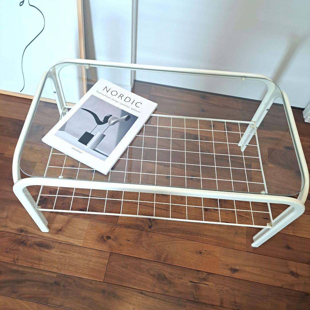 80年　アイアンフレーム ガラステーブル 白クリーム ミッドセンチュリー