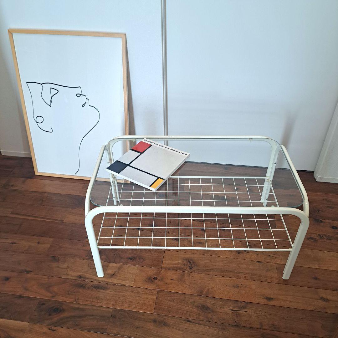 80年　アイアンフレーム ガラステーブル 白クリーム ミッドセンチュリー