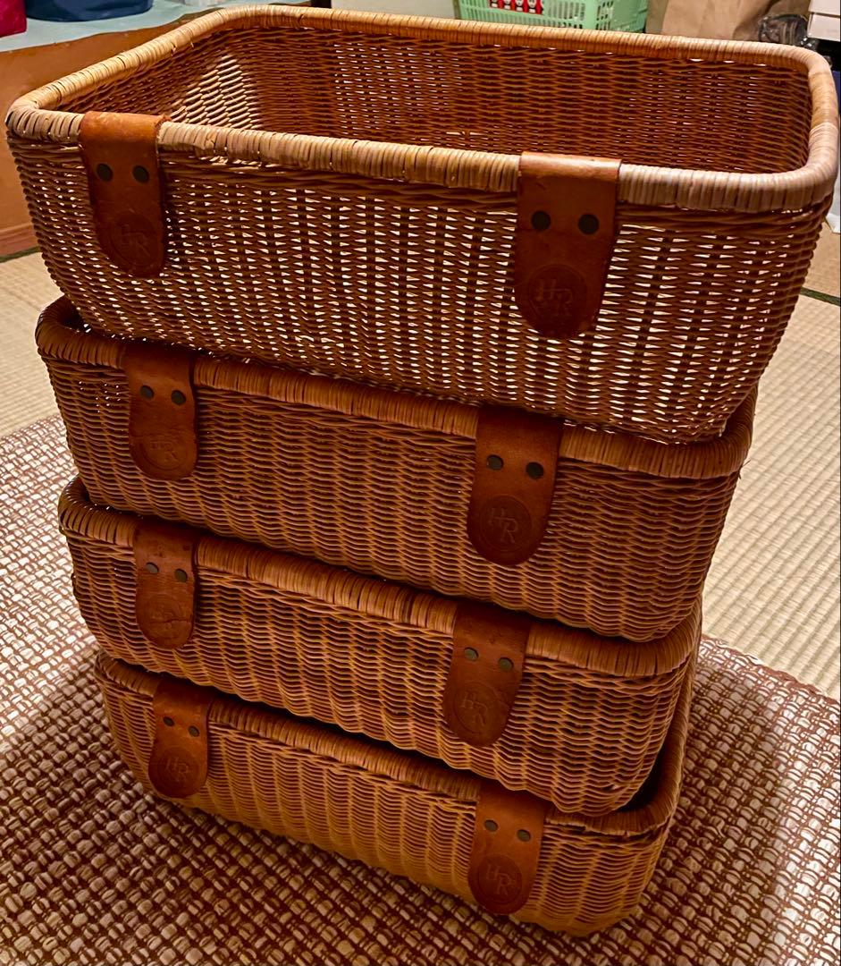 柿の種 ラタン製バスケット レザー付き　合計９点セット