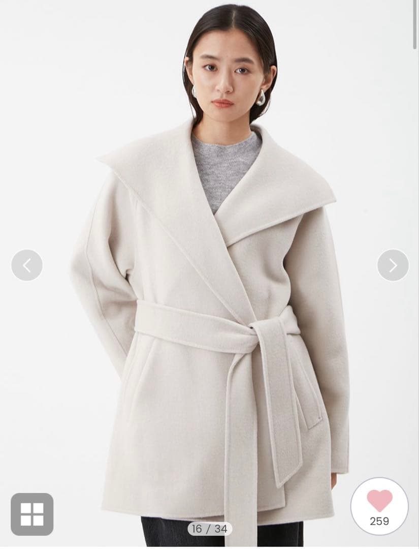 ミラオーウェン　共ベルト付きビックカラーミディ丈コート(美品、タグ付き)